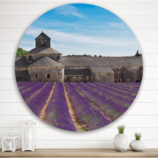 Designart - Lavender Field With Abbey In France - Farmhouse Metal Circle Wall Art